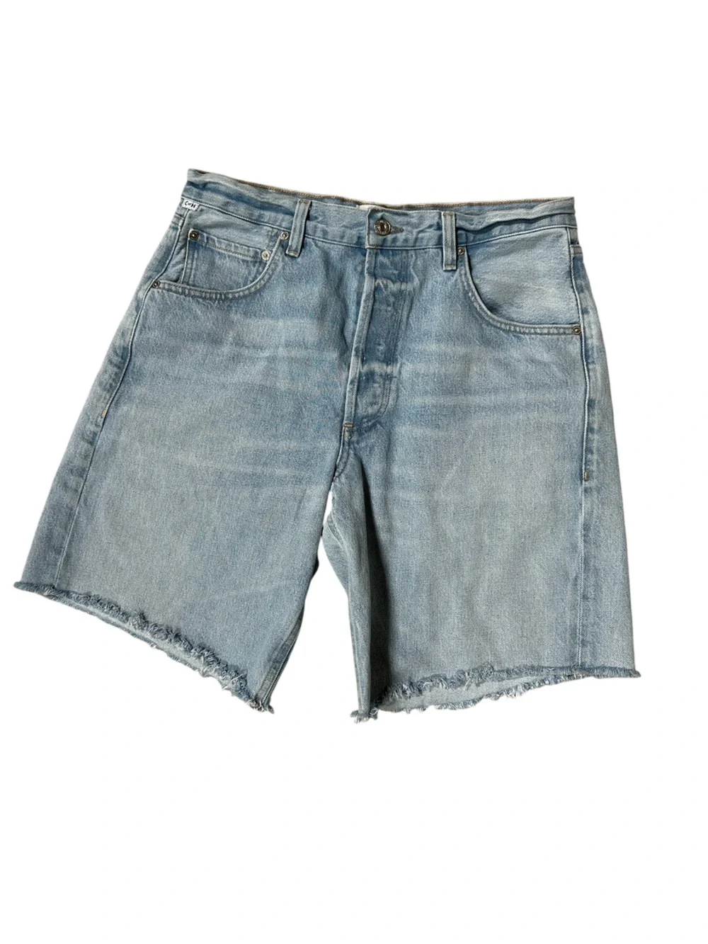 CoH Ayla Long Denim Shorts Frayed Hem Light Wash Wide-Leg Jorts, Size 29
